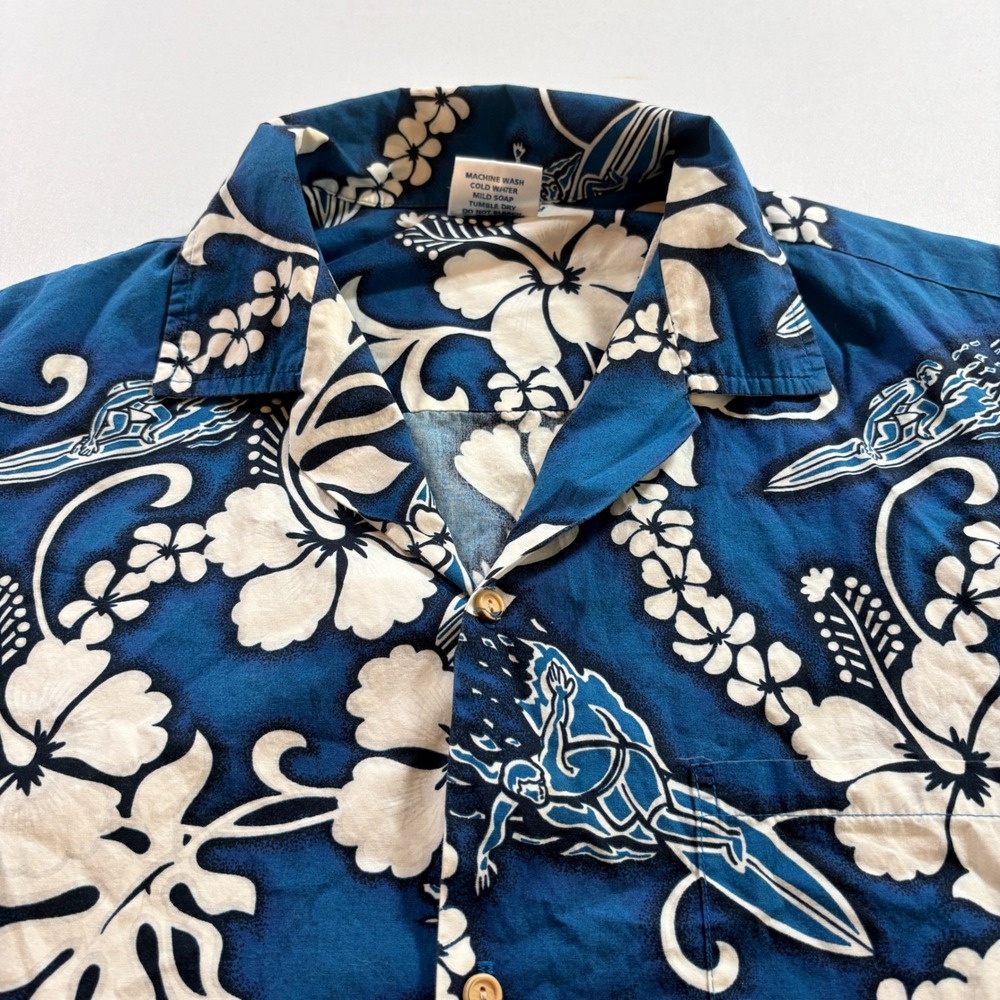 Hana Fashion Hawaiian Shirt Men XL Blue Surfer Hibiscus Cotton Aloha Button Down